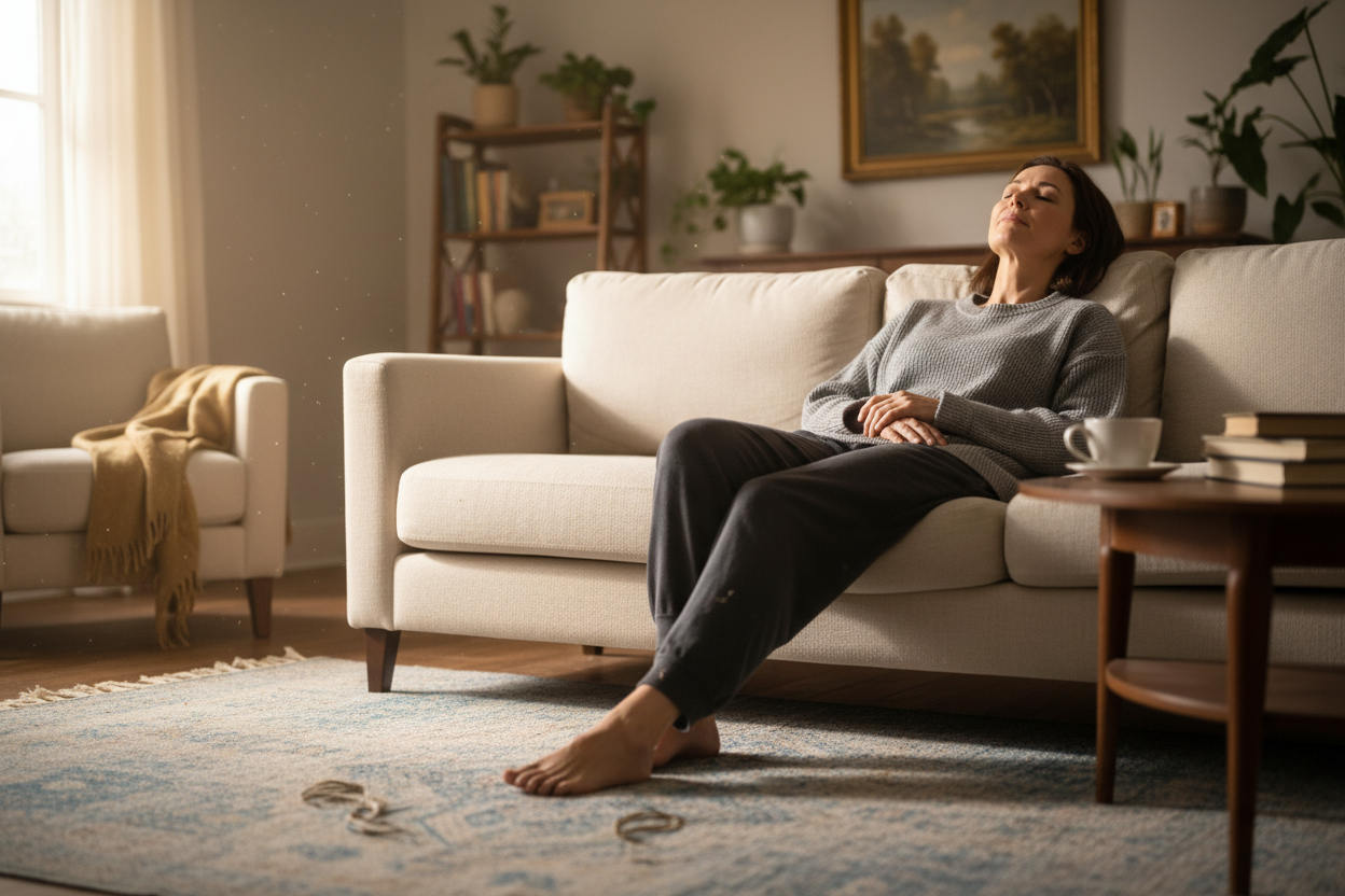 Una mujer con aspecto cansada, sentada en el sofá y los pies descalzos en una alfombra